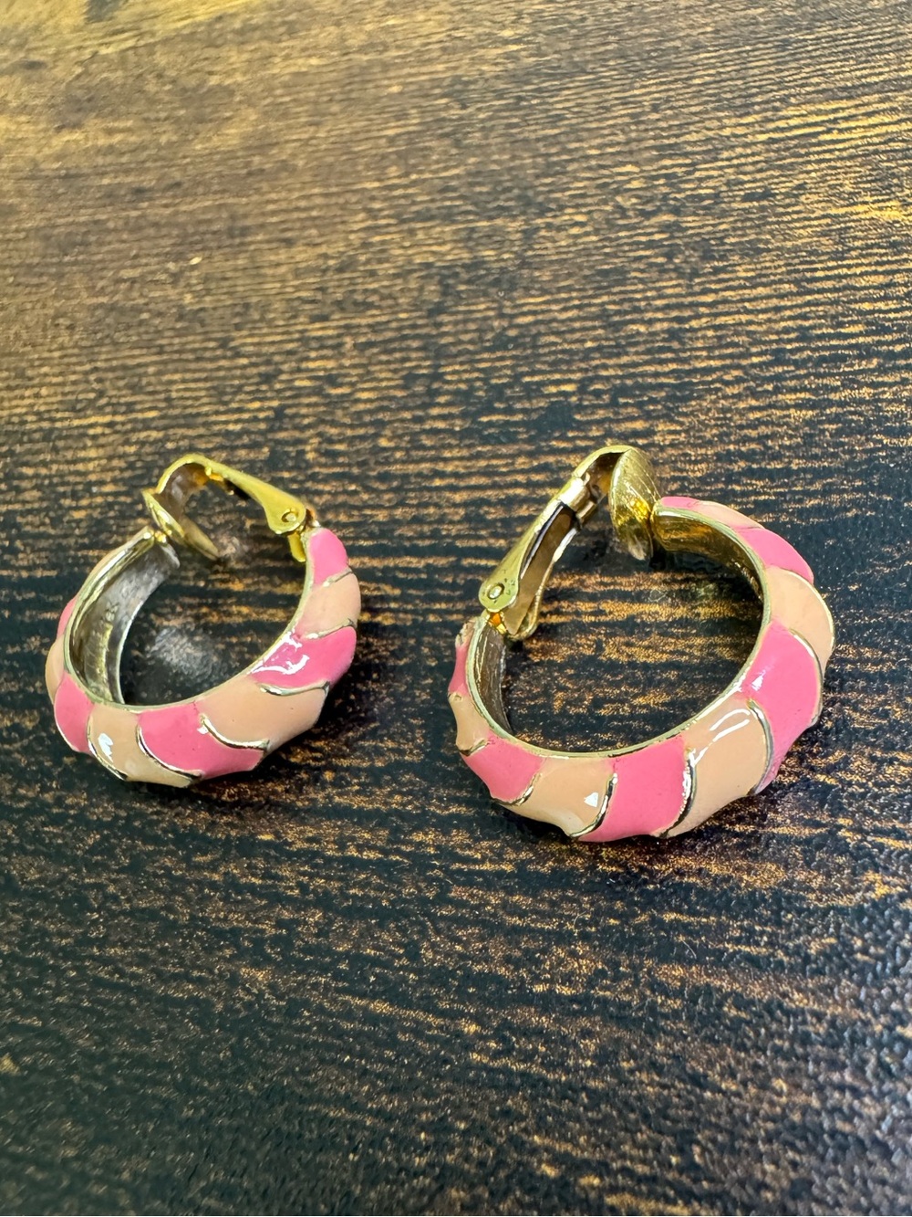 Vintage Gold Pink & Cream Enamel Hoop Clip-On Earrings